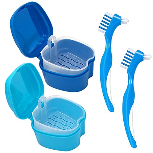 Denture Cleaner Box and Brush Set - 2 Pack Denture Bath Case with Basket + 2 Pack Denture Brush, Portable Denture Retainer Storage Box, False Teeth Brushes for Oral Care (Light and dark blue)