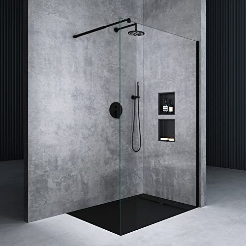 Mai & Mai Paroi de Douche 80x200cm Douche à L'italienne Transparent avec Profilé Noir BR02K Pare-douche en Verre Trempé 10mm Revêtement Nano Easy Clean avec Stabilisateur Rectangulaire