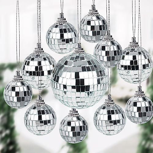NTGRTY 11Stück Silber Hängekugel Spiegelkugel Discokugeln Mirrorball Glänzende Disco Ball für Weihnachtsbaum Hochzeit Geburtstagsfeier Dekoration Lichteffekt