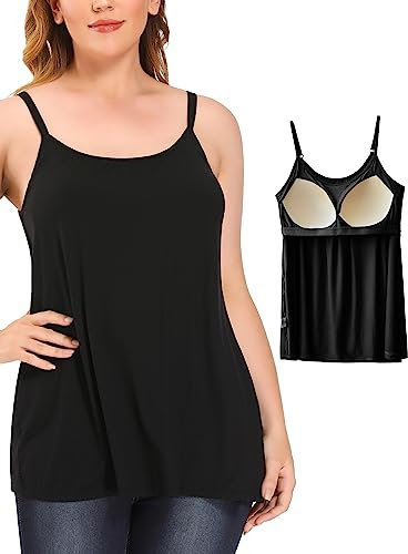 STARBILD Women Camisole Built in Bra Loose Tank Top Adjustable Strap Sleeveless Top Summer Cami Black M