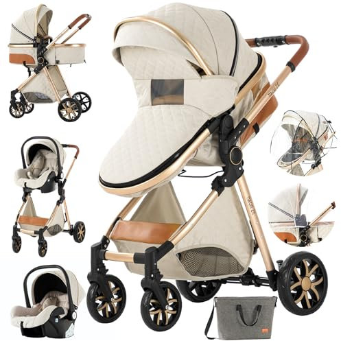 MoLi 3 in 1 Sistemi Modulari Sistema da Viaggio per Bambini Carrozzine Passeggini Compatti Reclinabile Passeggino Standard Pieghevole Portatile Passeggino Neonato 0-36 Mesi (225 Creamy White-1)