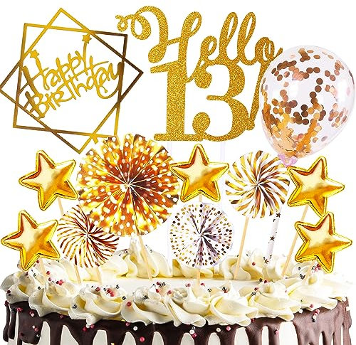 Tortendeko Geburtstag, Happy Birthday Jahre Kuchendeko Junge mädchen, Cake Topper, Cupcake Topper mit Sternen Konfetti-Luftballons und Papierfächer für Geburtstag