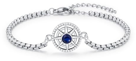 OHAYOO Saphir Armband 925 Sterling Silber Achtzackiger Stern Armband Kompass Armband Geburtsstein September Saphir Schmuck für Unisex Damen Herren Mädchen Teenager Geschenke