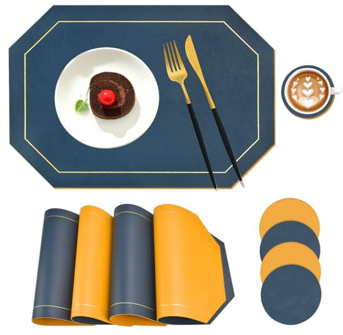 KITERI Placemats and Coaster Set, 4 Set PU Leather Table Mats and Coasters Dual-Sided Dinner Table Mats Blue Non Slip Place Mats Waterproof Yellow Dinner Mats for Home Kitchen, 43x30cm
