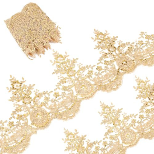 GORGECRAFT 3 Yard 23cm Breite Pailletten-Blumen-Stickerei-Spitzenband Metaillic-Venedig-Kantenbesatz Applikation Nähen Spitzenbesatz Blumenspitze Kronenkante Für Stoff Bestickt Hochzeit (Golden)