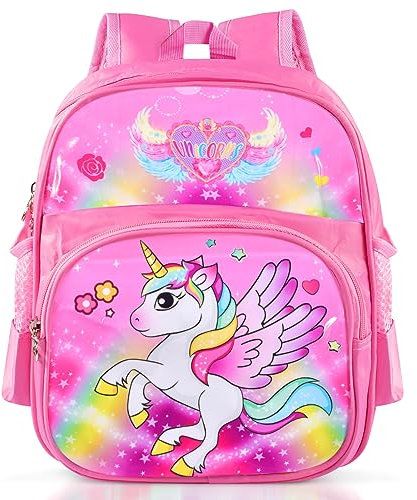 Kinderrucksack Mädchen und Jungen,Einhorn Rucksack,Schulrucksack Einhorn,Cartoon Druck Schultasche, Mit Brustgurt Und Fächern,Wasserdichter Backpack Rosa,Freizeitrucksack für Lernreisen (Rosa Small)