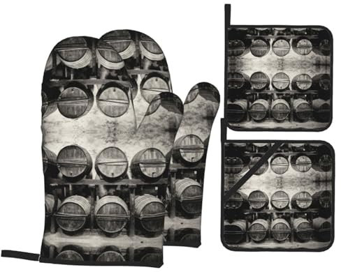 Ofenhandschuhe in Weinfässern, hitzebeständig, bedruckt, Baumwolle, rutschfest, 1 Paar und 2 Topflappen zum Kochen