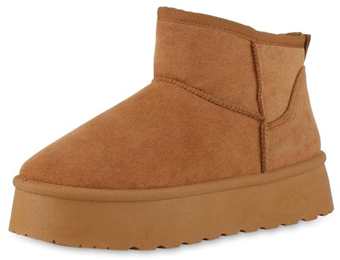 VAN HILL Damen Winter Boots Plateau Profilsohle Bequem Schuhe 214170 Hellbraun 37