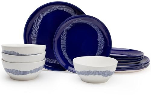 Serax 12-teiliges Geschirr-Set für 4 Personen, Festgeschirr von Ottolenghi, 4 blau-weiße Speiseteller, 4 Schalen, 4 Vorspeiseteller, Steingut, Küchenutensilien-Sets für Zuhause, Geschirr und Geschirr