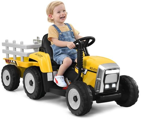 GOPLUS 12V Kinder Elektrischer Traktor mit Anhänger, 3-Gang Elektrofahrzeug mit Fernbedienung, Elektroauto mit LED-Licht & Musik & Bluetooth, 30 kg Belastbarkeit, ab 3 Jahre (Gelb)