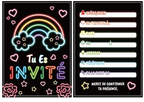CaiTang Einladungskarten, Einladungskarte Geburtstag Neon Thema Kind, 12 Einladungskarte Francais Thema Regenbogen, Kit Einladungskarte Geburtstag Mädchen oder Junge
