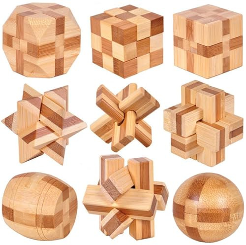 Xrten 9Pcs Wooden Brain Teaser Puzzles,IQ Test Unlock Toy,Small Logic Mind Challenge Puzzle Games,Wooden Blocks Puzzle Toy,Assembling Lock Puzzle Educational Toy Gift