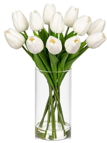 Hollyone 12 tulipani finti bianchi, tulipani artificiali in vaso di vetro con acqua finta, 19,1 cm, fiori di tulipano veri al tatto, decorazione per centrotavola, casa, fattoria, resto, decorazione