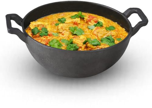 Kadai de hierro fundido con asas curvas, pequeño, 21 cm, 1,7 L, 1,7 kg, apto para inducción, kadhai naturalmente antiadherente, 100% puro y libre de toxinas, sin revestimiento químico