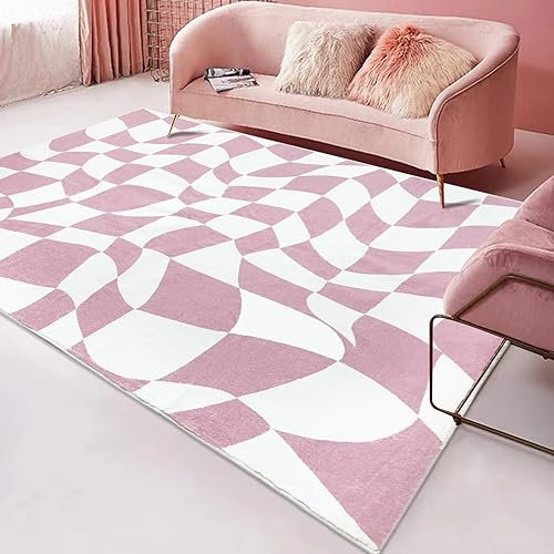 USTIDE Teppich, rosa kariert, moderner Teppich für Wohnzimmer, Schlafzimmer, Gitterbereich, weicher, waschbarer Teppich mit rutschfester Unterseite, großer Indoor-Teppich für Heimdekoration, 1,2 x 1,8