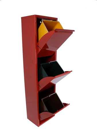 DRW Papelera Vertical Reciclaje Metal roja 3 Cubos 34x25x136 cm