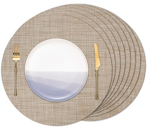 Banchif Tischsets Rund, Tischsets Abwaschbar 8er Set Platzdeckchen PVC Rund rutschfest Platzsets Abwischbar Gewebte Vinyl Platzsets Durchmesser 38 cm, Gelb