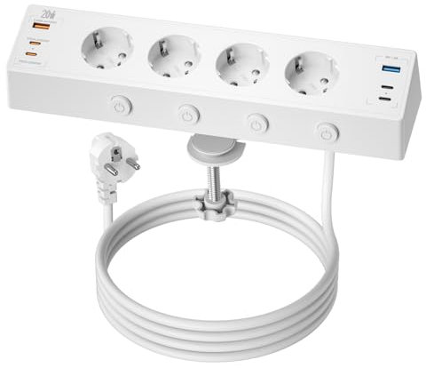 Regleta Enchufes Proteccion Sobretension, Toma de Mesa con USB C, Regleta 4 Enchufes con Conmutable Individualmente,Enchufes Multiple con Dispositivo de Sujecióncon,Cable 2M, Blanco