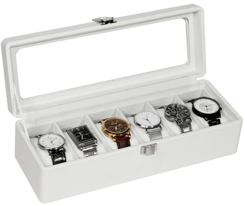 KILHS Uhrenbox mit 6 Fächern, Uhrenkasten mit Glasdeckel, Watch Box mit Herausnehmbarer Unterlage & Metallverschluss, Außen Weißes Kunstleder, Innen Weißer Samt, Geschenkbox