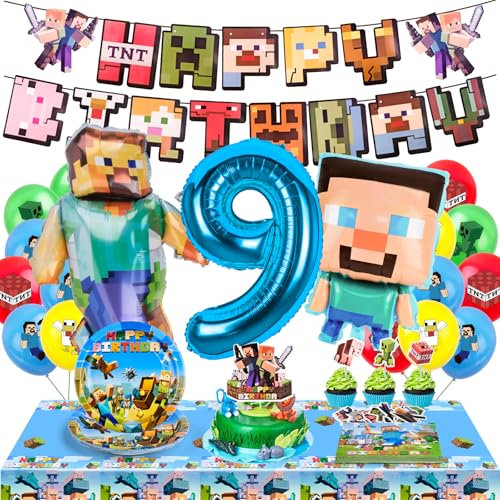 WuGU Decoration Anniversaire 9 Ans, 65 Pcs Kit de Décoration de Fête d'Anniversaire, Bannières d'Anniversaire, Ballon en Aluminium, Ballons, Assiettes, Serviette, Nappes, Decoration Gateau