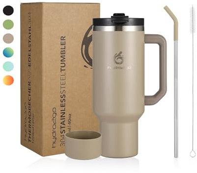 hydro2go Isolierflasche mit Strohhalm – Hält bis zu 10 Stunden heiß, bis zu 12 Stunden kalt – Spülmaschinenfest, BPA-frei – Kaffeebecher to Go, Isolierbecher für Heiß- & Kaltgetränke (Greige, 1200 ml)