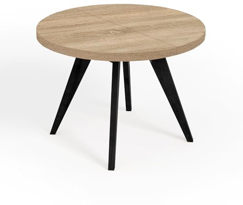 Dekori Möbel Runder Ausziehbarer Tisch für Esszimmer mit Holzbeinen, LORA, Loft-Stil, Skandinavische, Durchmesser Varianten: von 90 bis 220 cm (Eiche Sonoma/Schwarz, Durchmesser: 90/140 cm)
