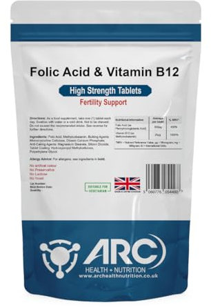 Folic Acid 800mcg with Vitamin B12 Tablets – High Strength Supplement, 60 Vegan Tablets, Women's Health, Folic Acid, Pre Pregnancy Supplements, B12 for Women