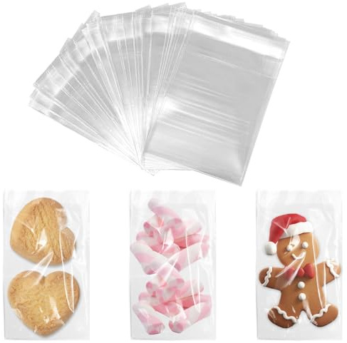 RIVIEVAL Sacs à Biscuits 100 pièces, Sacs en cellophane Transparents, Petits Sacs en cellophane, Sacs à Biscuits Autocollants, Sacs à Bonbons Transparents pour Boulangerie (7x10 cm)