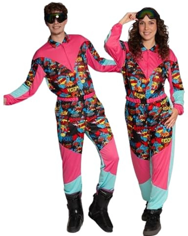 Partychimp Skianzug Karneval mit Skibrille für Damen und Herren, Ski Overall 80er Jahre, Apres Ski Party Outfit, Skianzug mit elastischem Gürtel und Skibrille – Comic – Größe L