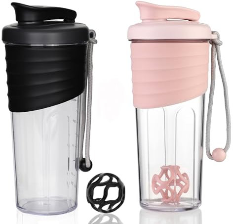 OUOUMUF 2 Stück Protein Shaker mit TRITAN Rührball eiweiss shaker shaker für proteinshakes- für super cremige Fitness Eiweiß Shakes,shaker proteinshaker 700ml (Schwarz und Rosa)