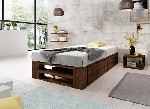 Lermowood Palettenbett M2 aus Holz 90 x 200 cm Palisander mit Lattenrost und 2 Bettkästen Holzbett 40cm Stabiles Seniorenbett Kinderbett Jugendbett Gästebett erhöhtes Bettgestell Futonbett Komforthöhe