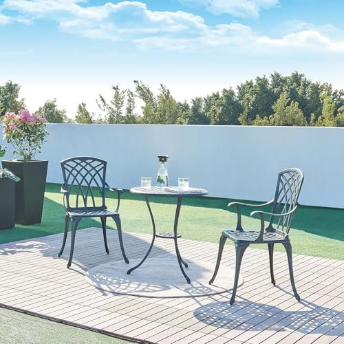 casa.pro Bistro Set Vena Balkonmöbel Set 3-teilig runder Bistrotisch mit 2 Stühlen Outdoor Sitzgruppe aus Aluminiumguss wetterfest Gartenmöbelset Dunkelgrau mit grüner Patina
