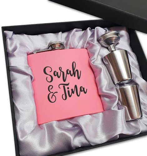 Flachmann mit Gravur. Edelstahl Flachmann personalisiert. Geschenke für Männer. Pink