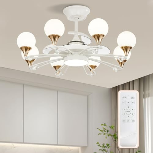 Depuley Weiß Kronleuchter mit Ventilator Modern: 8 Lichter Milky Globe Deckenventilator mit Fernbedienung für Schlafzimmer - 34 Einziehbarer Ventilator für Esszimmer - Kronleuchter für Low Profile