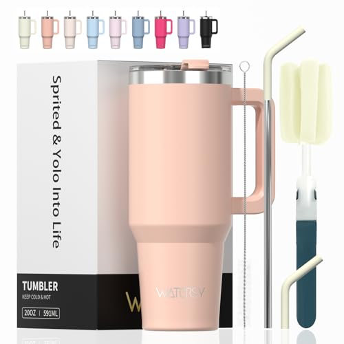 WATERSY 20oz Kaffeebecher to Go Thermobecher Doppelwandiger Edelstahl Vakuum Auslaufsicher Trinkbecher mit Griff und Strohhalm Thermoskanne Pink