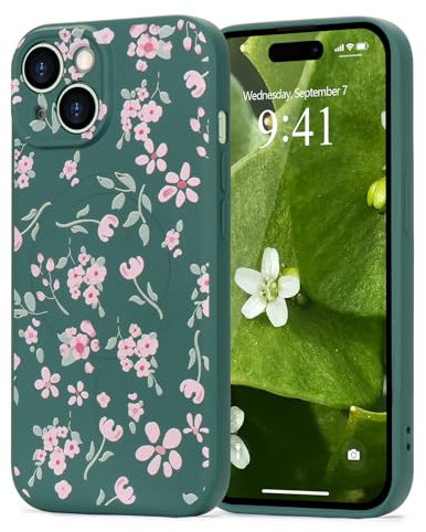 Wirvyuer for iPhone 15 case, Compatible with Magsafe, Cute Floral Leaves Magnetic Phone Case, Pink Flower Shockproof Silicone Slim Bumper Protective Cover for Women Girls, Green
