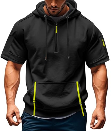 T Shirt Herren mit Kapuze Kurzarm Kapuzenpullover mits Taschen Kordelzug Sommer Kurz Hoodie Sport Tshirt Personalisierte Kapuzenshirt Freizeit Sweatshirt Atmungsaktives Sportshirt(Black,XXL)