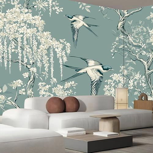 Papier Peint Panoramique ‎150x105cm (L×H), Saule Pleureur Hirondelle Papier Peint Tissu De Soie, 3D Effet Décoration Murale Poster, Nature Plante Tableaux Muraux Photo Trompe L'Oeil Ornament