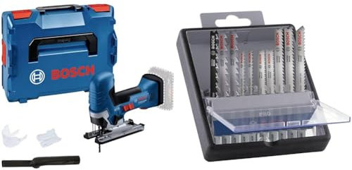 Bosch Professional 18V System Cordless Jigsaw GST 18V-125 S + 10x PRO Hardwood and Laminate Jigsaw Blade Set (for Hardwood, Parquet, Length 83 mm)
