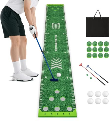GYMAX Golf Puttingmatte, tragbare Golfmatte mit 2 Verstellbaren Schlägern, 6 Bällen & Tragetasche, Golf Abschlagmatte für Büro, Zuhause, Garten