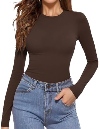 Aottori Womens Long Sleeve Tops Ladies Round Neck Base Layer Shirts Casual Slim Fitted Undershirt Lightweight Basic Tunic Pullover Brown L