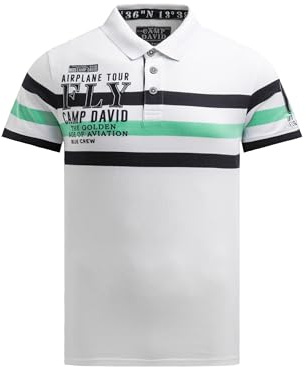 Camp David Herren Kurzarmpolo mit Streifen-Design und Artworks Opticwhite, XXXL