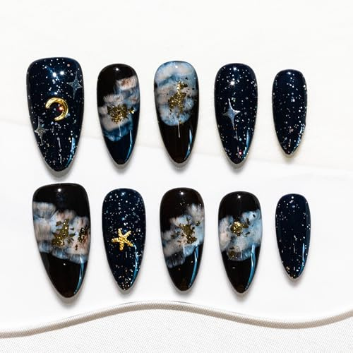 Sun&Beam Nails Handgefertigte Press-On Nails Medium Almond Blau (#274 M) | Dunkelblau mit Sternenhimmel-Design, Goldfolien-Akzenten und Glitzer im 10-teiligen Set