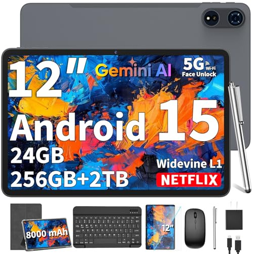 2025 12 Inch Tablet, Android 15 Tablets with Keyboard, 24GB+256GB+2TB Expand, 2K Display, Tablet PC with 5G WiFi, Octa-Core, 8000mAh, BT5.0, GMS, GPS, 2 in 1 Tablets with Case, Mouse, Stylus(Silver)