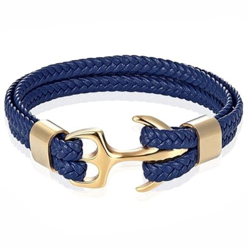 Tom Jaxon Herren Armband Anker geflochten Leder Gold Blau - 20cm