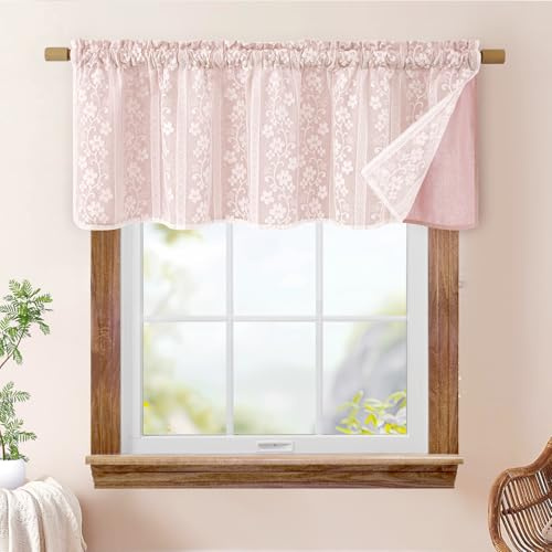 Alishomtll Rideau brise-bise rose moderne court, double couche avec lin et dentelle, style maison de campagne, rideau court pour cuisine, fenêtre, salon, 90 x 45 cm (l x H)