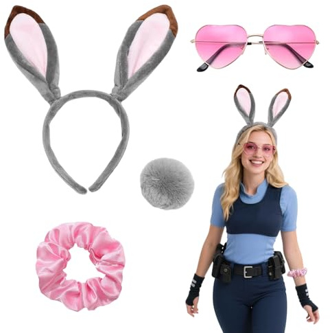 Lot de 5 bandeaux oreilles de lapin avec oreilles de lapin - Serre-tête de Pâques avec queue de lapin - Lunettes de soleil roses - Gris et rose - Jolies oreilles de lapin en peluche pour costume de