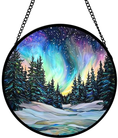 Hanging Stained Glass, Blue Wave Suncatcher Glass Panels for Home Decor, Window Hanging Sun Catcher Gift for Women, Men, Wife, Aunt, Mom (Northern Lights)