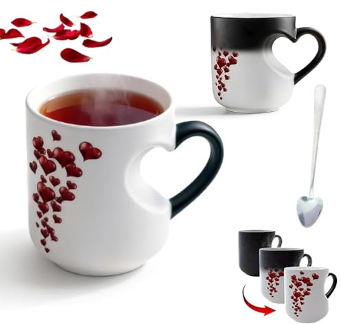 Gienslru Heart-Shaped Color Changing Magic Ceramic Mug, Heat Sensitive Magic Color Changing Coffee Mug with Red Heart Design, Valentine Themed Hearts Shaped Handle Ceramic Coffee Cup (White)