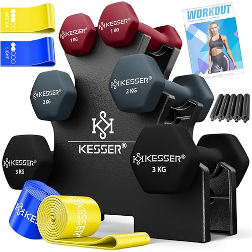 KESSER® Hantel-Set, 3 Paar, 1kg - 5kg, 12kg oder 18kg kurzhanteln mit Ständer Aufbewahrung, Fitnessstudio, Krafttraining, Hantelset rutschfeste Neopren
